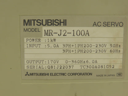Mitsubishi MR-J2-100A MR-J2-100A AC Servo Drive 200-230V In 1kW 1-3Ph 170V Out