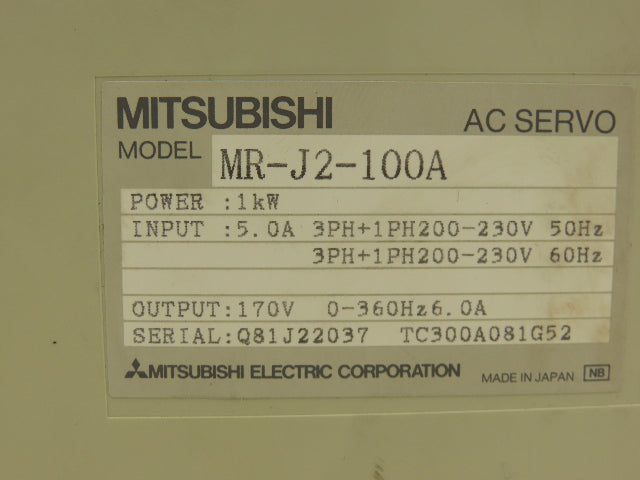 Mitsubishi MR-J2-100A MR-J2-100A AC Servo Drive 200-230V In 1kW 1-3Ph 170V Out