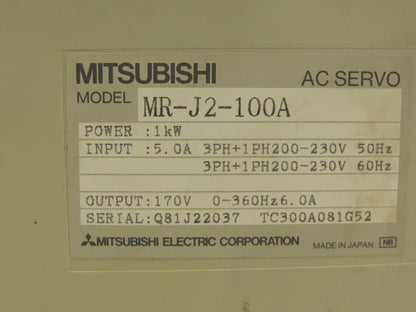 Mitsubishi MR-J2-100A MR-J2-100A AC Servo Drive 200-230V In 1kW 1-3Ph 170V Out