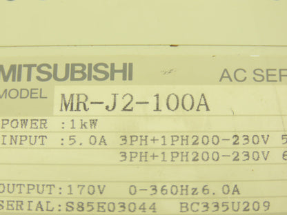 Mitsubishi MR-J2-100A MR-J2-100A AC Servo Drive 200-230V In 1kW 1-3Ph 170V Out