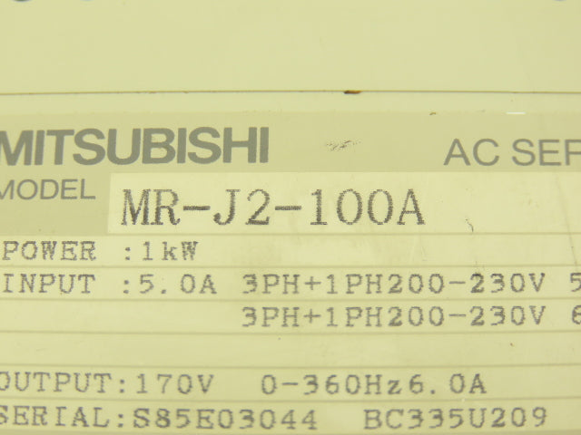 Mitsubishi MR-J2-100A MR-J2-100A AC Servo Drive 200-230V In 1kW 1-3Ph 170V Out