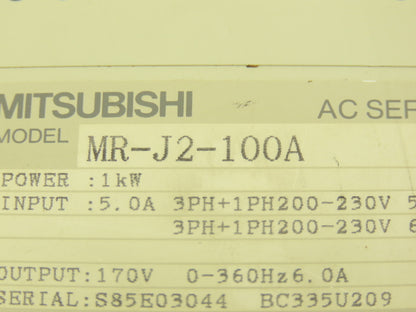 Mitsubishi MR-J2-100A MR-J2-100A AC Servo Drive 200-230V In 1kW 1-3Ph 170V Out