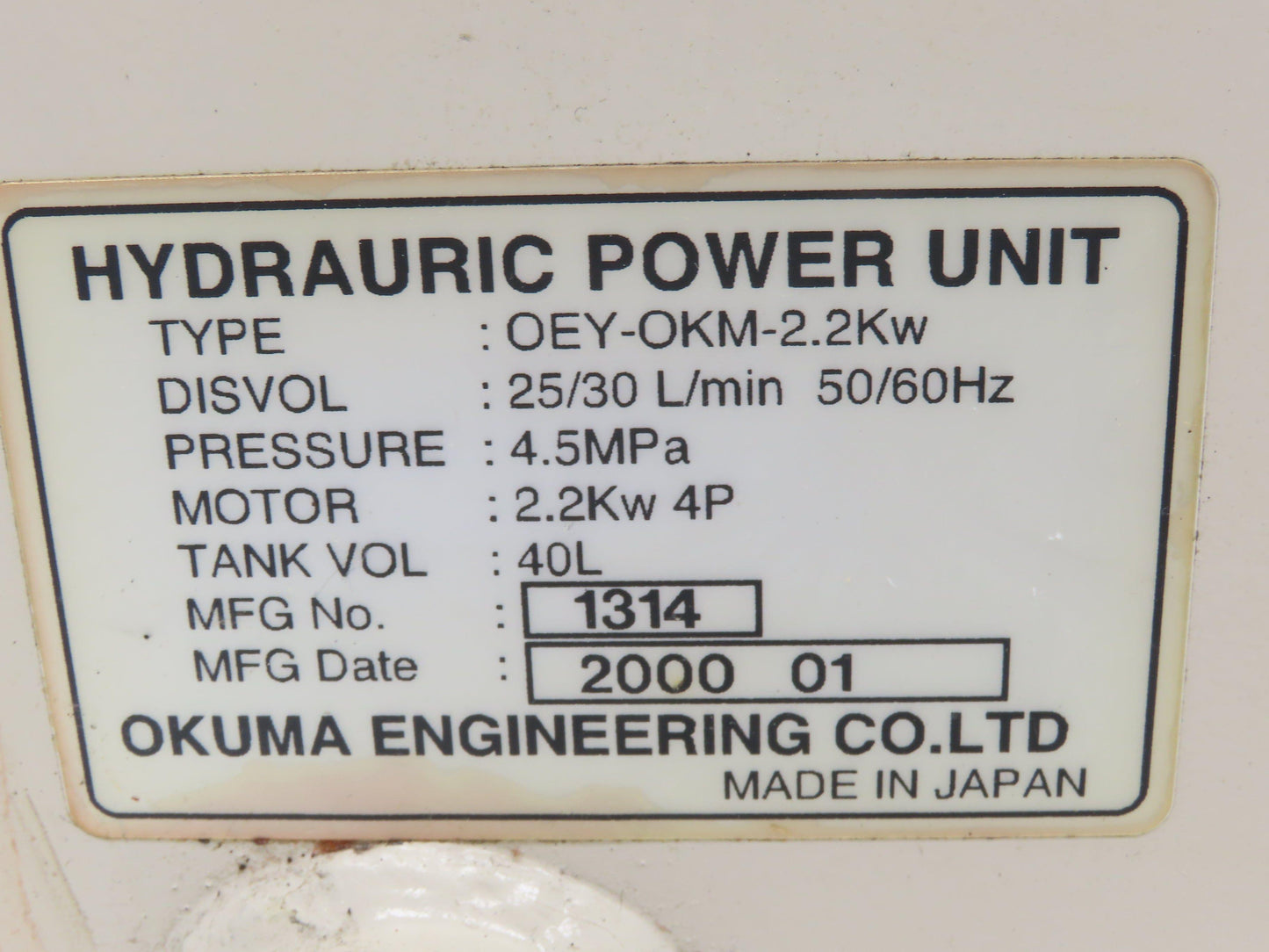 Okuma OEY-OKM-2.2KW CNC Lathe Hydraulic Power Unit 30L/Min Toyooki Pump 40L Tank