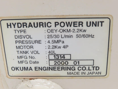 Okuma OEY-OKM-2.2KW CNC Lathe Hydraulic Power Unit 30L/Min Toyooki Pump 40L Tank