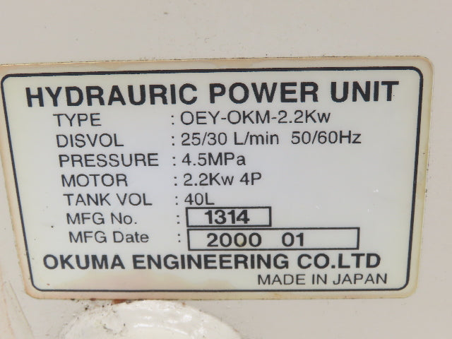 Okuma OEY-OKM-2.2KW CNC Lathe Hydraulic Power Unit 30L/Min Toyooki Pump 40L Tank