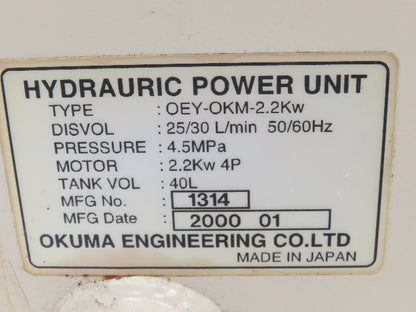 Okuma OEY-OKM-2.2KW CNC Lathe Hydraulic Power Unit 30L/Min Toyooki Pump 40L Tank
