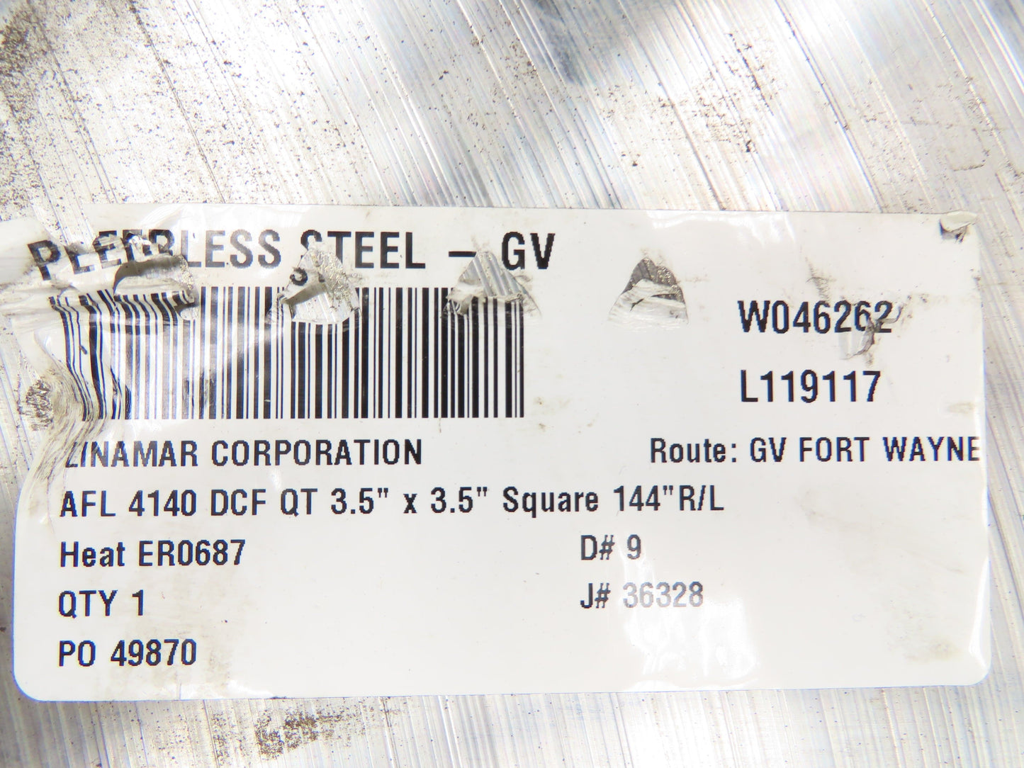 Linamar 4140 Alloy Steel Flat Bar 3-1/2" Square 91"L  330Lbs