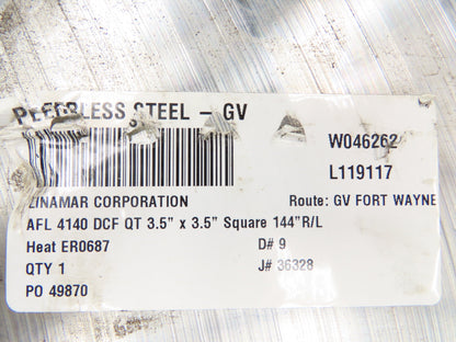 Linamar 4140 Alloy Steel Flat Bar 3-1/2" Square 91"L  330Lbs