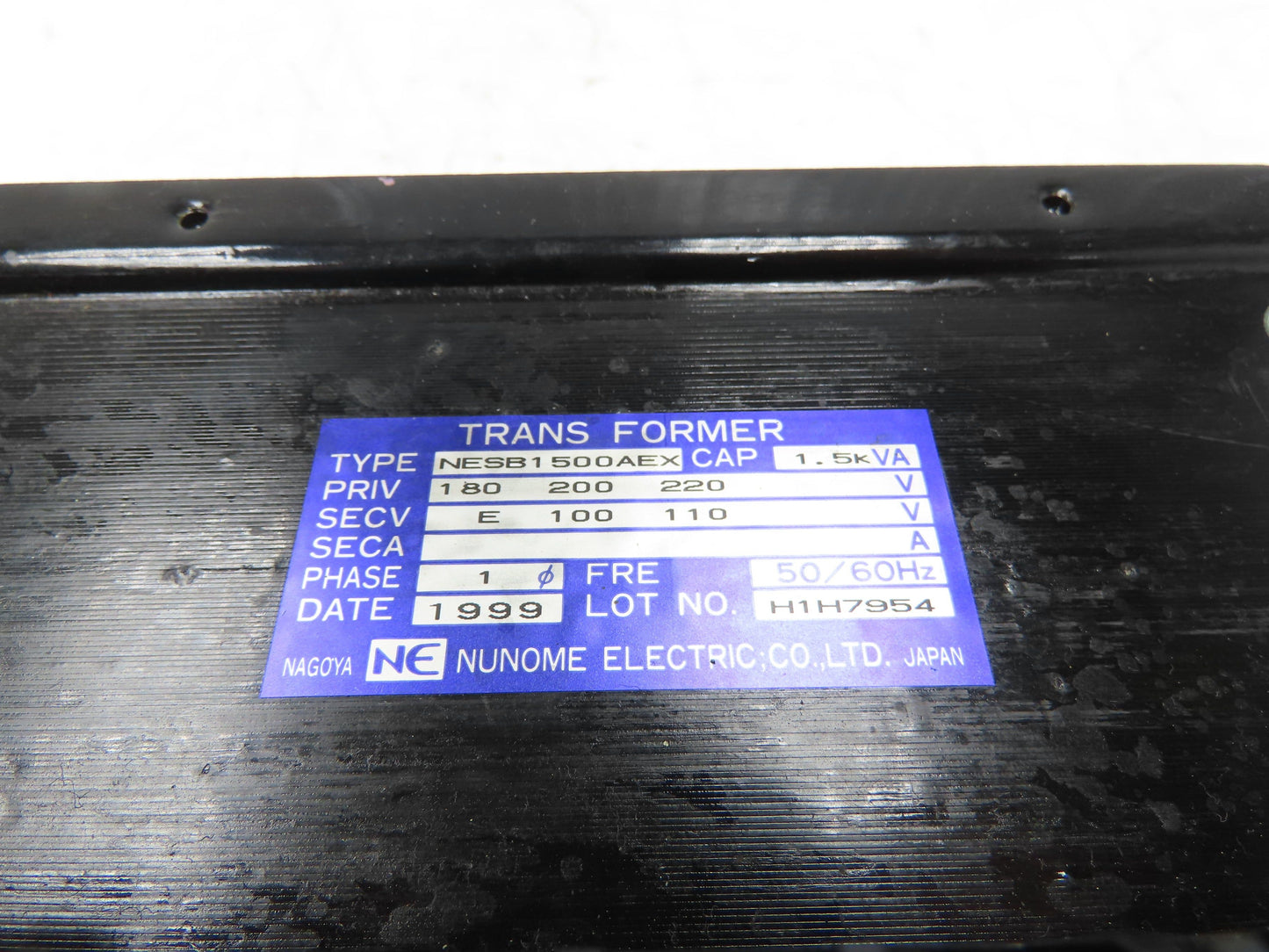 Nunome NESB1500AEX Power Transformer 1.5kVA 1Ph HV 180/200/220 LV 100/110 60Hz