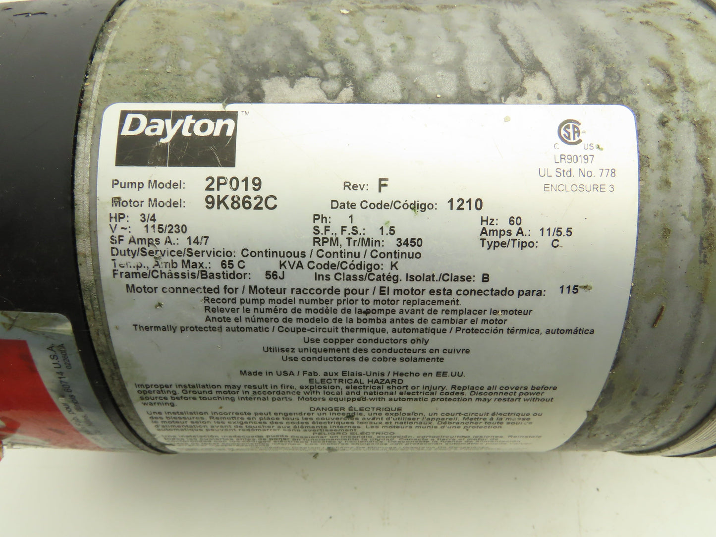 Dayton 2P019 Stainless Steel Multi Stage Booster Pump Motor 3/4HP 115/230V 1PH