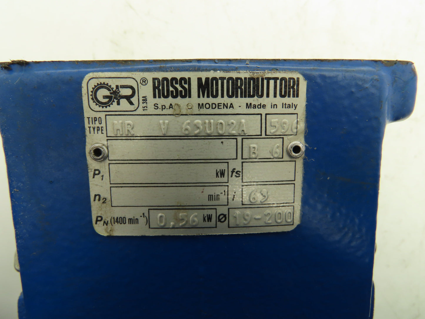 Rossi MRV 63 UO2A Worm Gearbox 63:1 Reducer .56kw 22rpm Hollow Shaft IEC 80 B6