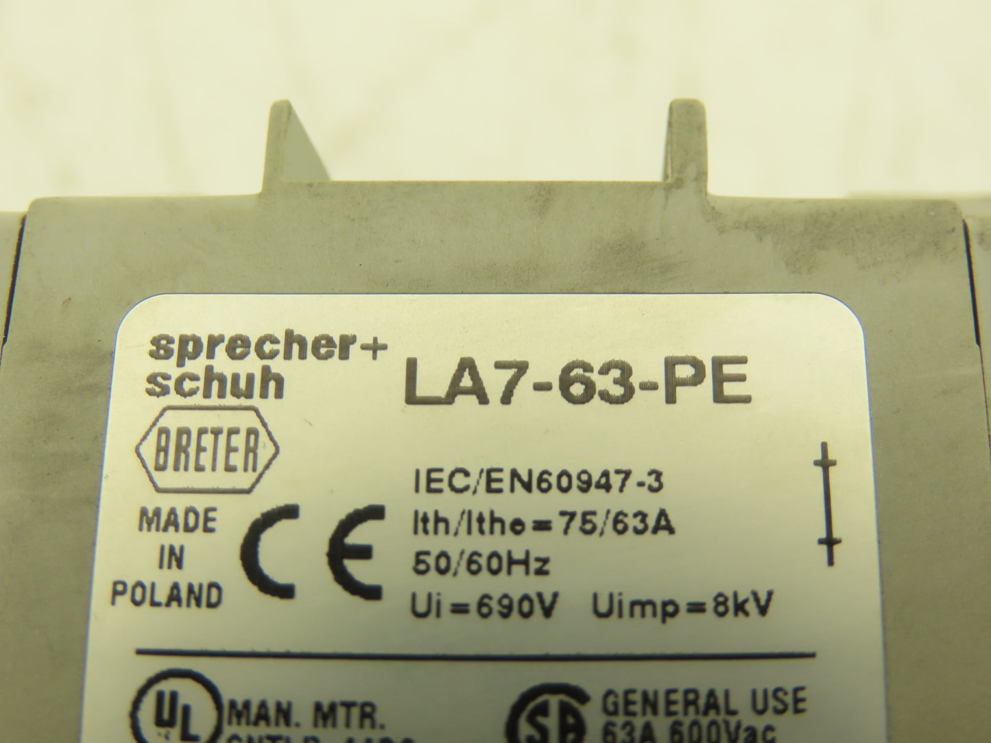 Sprecher+Schuh LA7-63-1753 Motor Disconnect Switch Through Door 25Hp 600v 3ph