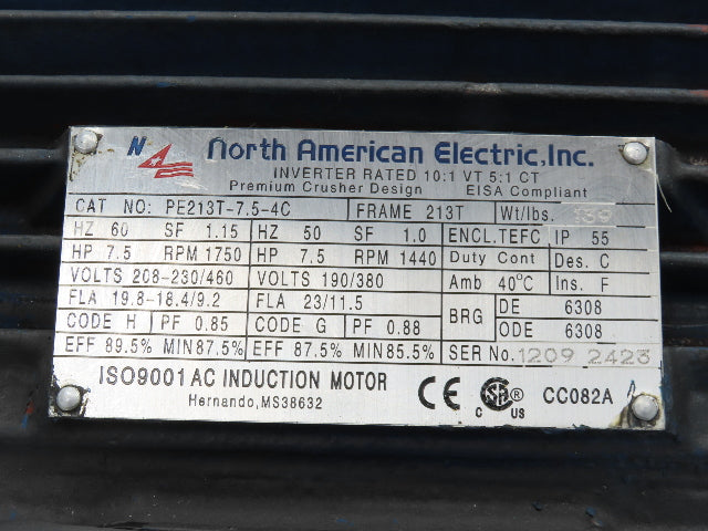 North American Electric AC Motor 7.5Hp 1750rpm 230/460v 3ph 213T TEFC