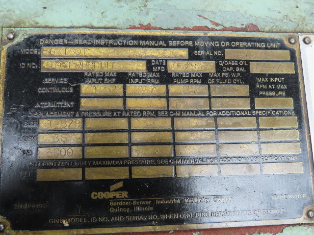 Gardner Denver GD180T High Pressure Triplex Pump 1-5/8" Plunger 5000PSI 38GPM