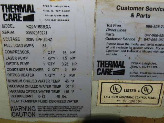 Thermal Care HQ2A1603LXA Accuchiller LX Water-Cooled Chiller 15Hp 208V 3Ph Laser