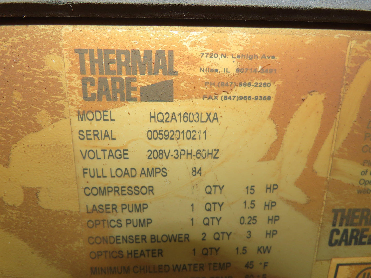 Thermal Care HQ2A1603LXA Accuchiller LX Water-Cooled Chiller 15Hp 208V 3Ph Laser