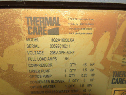 Thermal Care HQ2A1603LXA Accuchiller LX Water-Cooled Chiller 15Hp 208V 3Ph Laser
