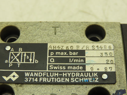Wandfluh AH4Z 60B/R S1486 Pneumatic Air Control Valve Manual 2 Pos 4 Way 350Bar