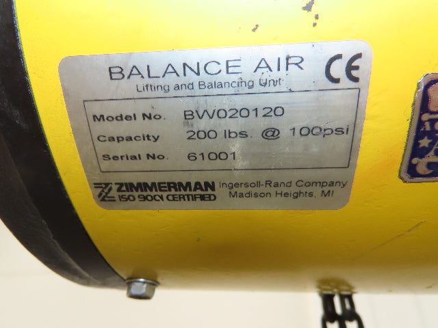 Ingersoll Zimmerman BW020120 Pneumatic Air Balancer 6' Travel 400Lb Swivel Mount