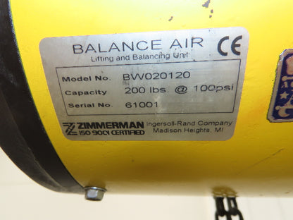 Ingersoll Zimmerman BW020120 Pneumatic Air Balancer 6' Travel 400Lb Swivel Mount