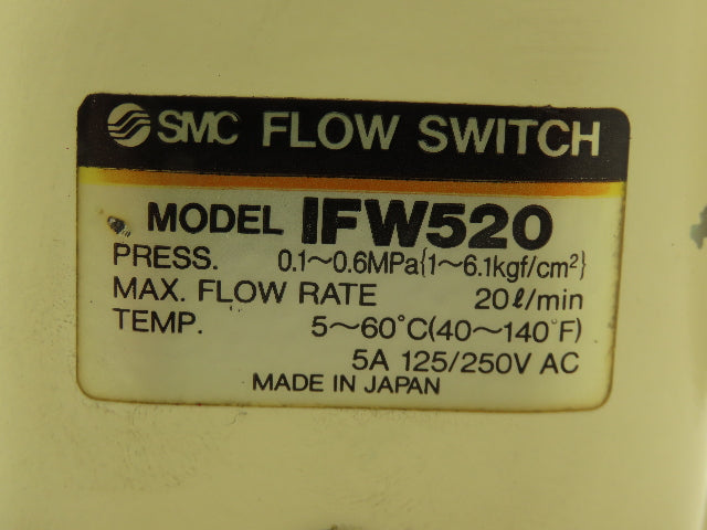 SMC IFW520 Pneumatic Air Flow Switch 15-87psi 5.28 gpm 40-140F 5A 125/250VAC