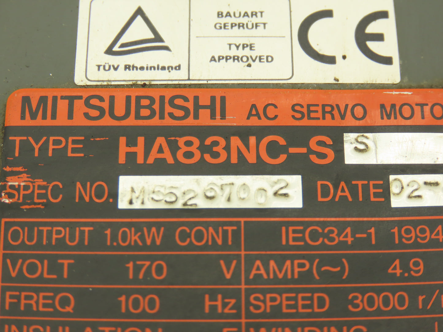 Mitsubishi HA83NC-SS Servo Motor 1.0kW 3000rpm 170v 3Ph 4.9A 19Nm