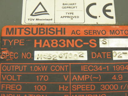 Mitsubishi HA83NC-SS Servo Motor 1.0kW 3000rpm 170v 3Ph 4.9A 19Nm