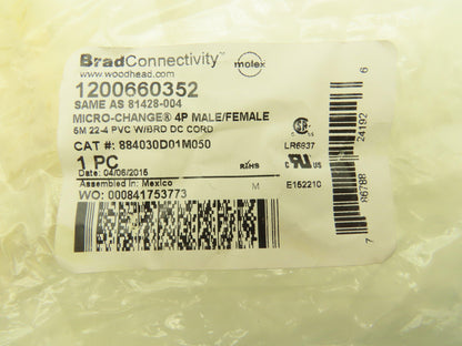 Woodhead 884030D01M050 Micro-Change M12 5 Foot 4-pin Male 4-wireCable Lot of 10