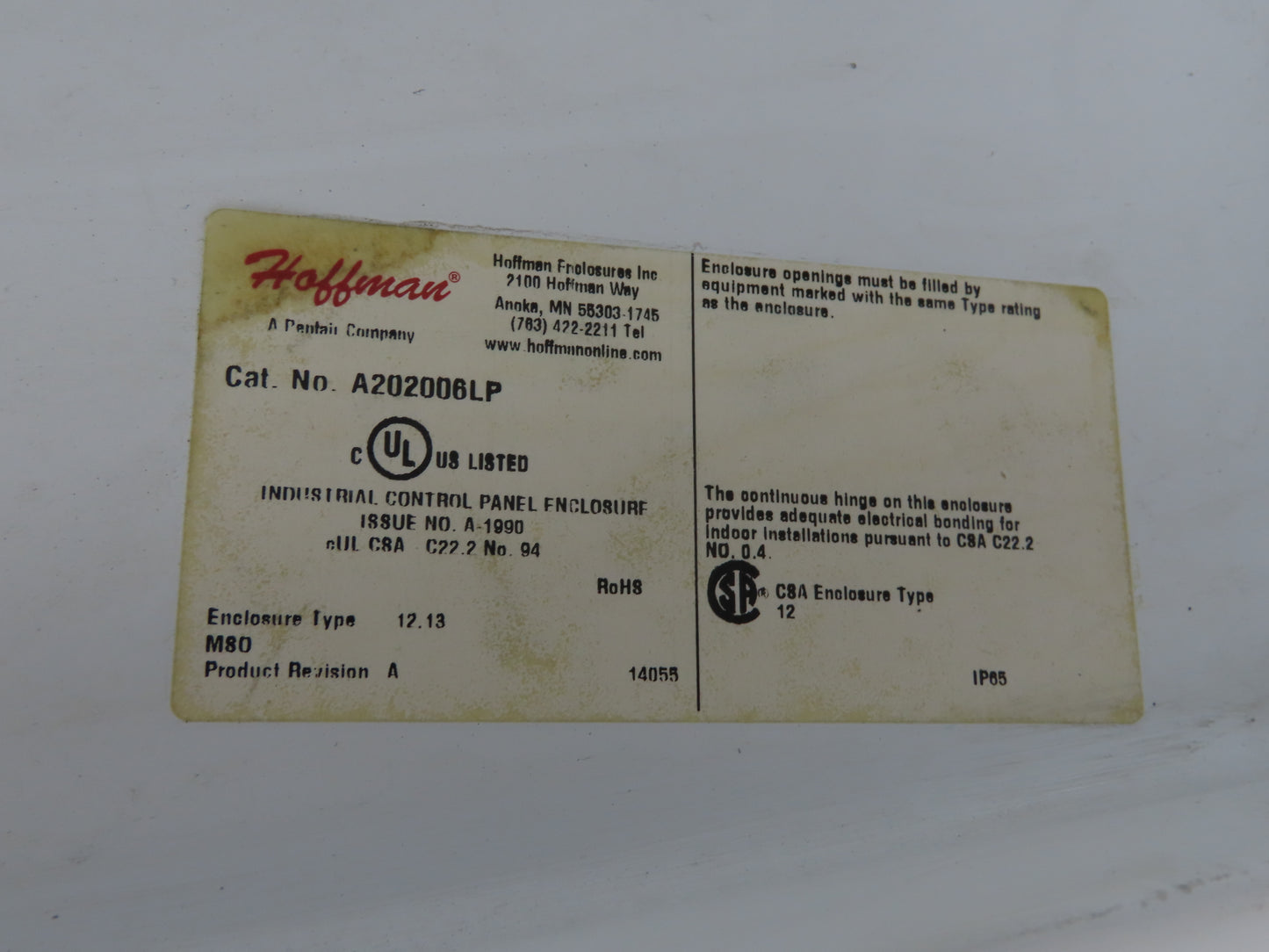 Hoffman A202008LP Electrical Enclosure Control Panel 20x20x8" Back Plate JIC