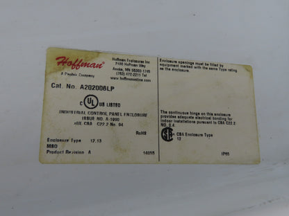 Hoffman A202008LP Electrical Enclosure Control Panel 20x20x8" Back Plate JIC