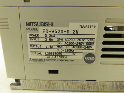 Mitsubishi FR-S520-0.2K Freqrol Inverter Drive 3Ph 240V In 0.2kW 240V 1.4A 120Hz