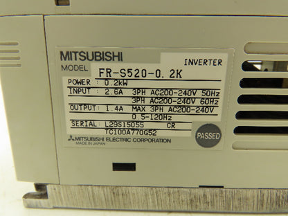Mitsubishi FR-S520-0.2K Freqrol Inverter Drive 3Ph 240V In 0.2kW 240V 1.4A 120Hz