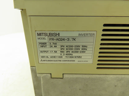 Mitsubishi FR-A024-3.7K Freqrol Inverter Drive 3Ph 230V In 3.7kW 17.5A 400Hz Out
