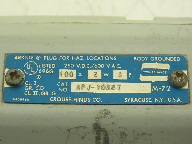 Crouse Hinds APJ-10387 Electrical Plug Male 100A 600VAC 250VDC Haz Location