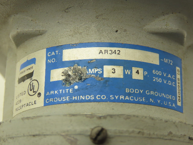 Crouse Hinds AR342 Arktite Receptacle 30A Amp 4p 3w 600VAC Pin Sleave Housing
