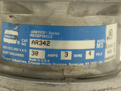 Crouse Hinds AR342 Arktite Receptacle 30A Amp 4p 3w 600VAC Pin Sleave Housing