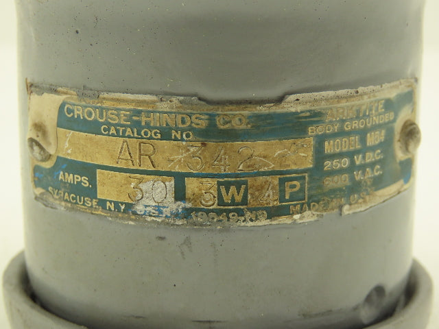 Crouse Hinds AR342 Arktite Receptacle 30A Amp 4p 3w 600VAC Pin Sleave Housing