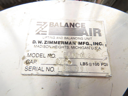 Ingersoll Zimmerman BA020120 Pneumatic Air Balancer 6' Travel 400Lb w/Load Block