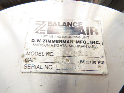 Ingersoll Zimmerman BA020120 Pneumatic Air Balancer 6' Travel 400Lb w/Load Block