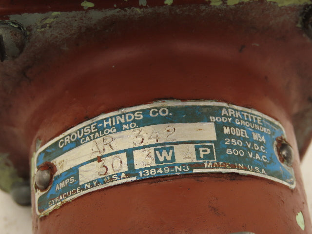 Crouse Hinds AR 342 Arktite Receptacle 30A Amp 4p 3w 600VAC Pin Sleave Housing