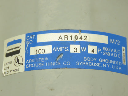 Crouse Hinds AR 1042 Arktite Receptacle 100A 4p 3w 600VAC Pin Missing Poles
