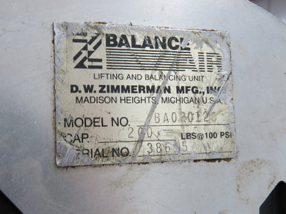 Ingersoll Zimmerman BA020120 Pneumatic Air Balancer 6' Travel 400Lb Swivel Mount