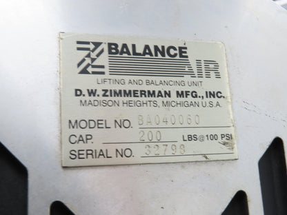 Ingersoll Zimmerman BA040060 Pneumatic Air Balancer 6' Travel 400Lb Swivel Mount