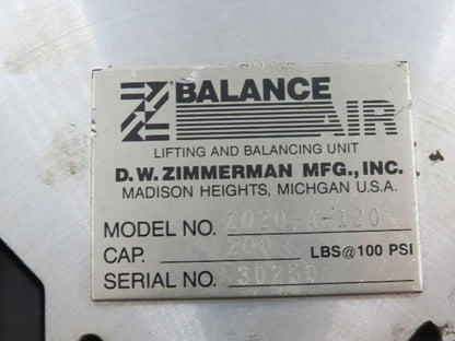 Ingersoll Zimmerman Z020A120 Pneumatic Air Balancer 6' Travel 400Lb Swivel Mount