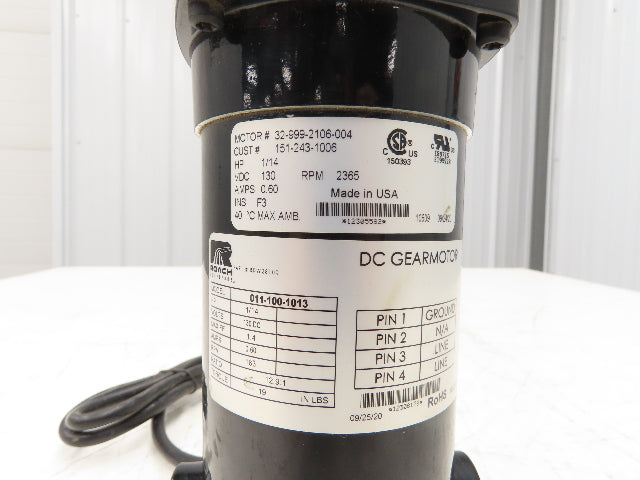 Roach 011-100-1013 DC Gearmotor for O-Ring Roller Conveyor 1/14Hp 130VDC 183 RPM