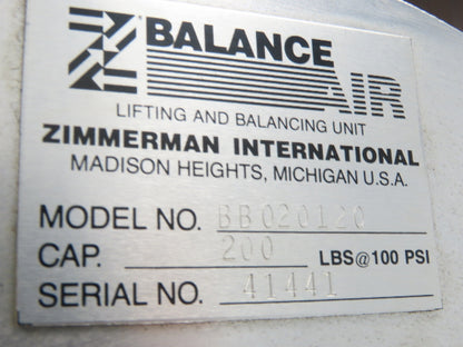 Ingersoll Zimmerman BB020120 Pneumatic Air Balancer 6' Travel 400Lb w/Load Block