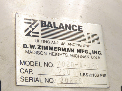 Ingersoll Zimmerman Z020A120 Pneumatic Air Balancer 6' Travel 400Lb w/Load Block