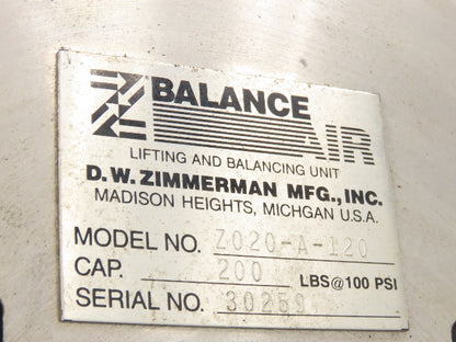 Ingersoll Zimmerman Z020A120 Pneumatic Air Balancer 6' Travel 400Lb w/Load Block