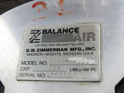Ingersoll Zimmerman Z040-W-060 Pneumatic Air Balancer 6' Travel 400Lb Load Block