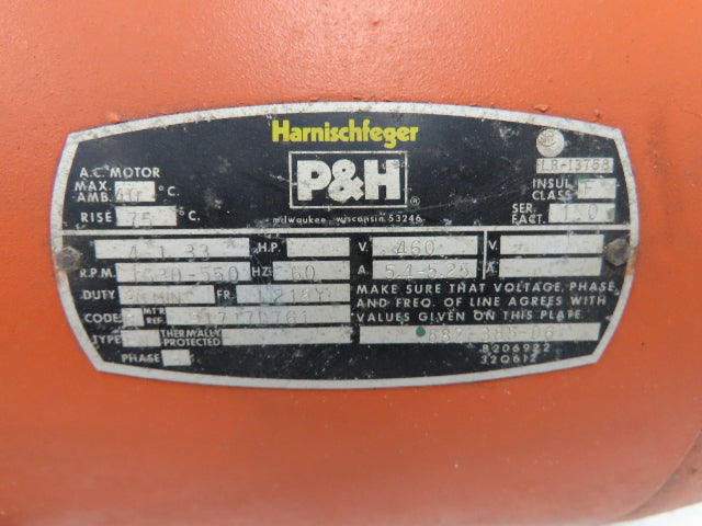 P&H Bridge Crane 2-Speed Hoist Motor 3Hp 550-1680 RPM 460V 3PH L215Y Frame